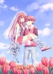  1boy 1girl bangs blue_shirt blue_socks bouquet brown_eyes brown_hair carrying closed_mouth clouds commentary_request day flower holding holding_bouquet leaf_(pokemon) long_hair loose_socks orange_flower outdoors pants pleated_skirt pokemon pokemon_(game) pokemon_frlg red_(pokemon) red_skirt scbstella shirt shoes short_hair short_sleeves skirt sky sleeveless sleeveless_jacket sleeveless_shirt smile socks standing t-shirt veil white_footwear 