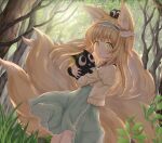  1girl :o absurdres animal_ear_fluff animal_ears animal_hug arknights bangs black_cat blue_hairband blue_skirt blush cat commentary crossover day eyes_visible_through_hair forest fox_ears fox_girl fox_tail frilled_hairband frills from_side green_eyes hairband heixiu highres jacket kitsune long_sleeves looking_at_viewer looking_to_the_side luoxiaohei nature neck_ribbon on_head outdoors parted_lips plant red_ribbon ribbon rla13753 shirt skirt suzuran_(arknights) suzuran_(spring_praise)_(arknights) tail the_legend_of_luo_xiaohei tree white_jacket white_shirt 