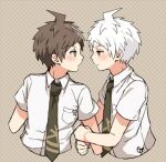  2boys arm_hug badge bangs blush breast_pocket brown_eyes brown_hair collared_shirt cropped_torso dagasi_xzx danganronpa_(series) danganronpa_2:_goodbye_despair eye_contact green_necktie hinata_hajime hinata_hajime_(awakened) looking_at_another lowres male_focus multiple_boys necktie pocket red_eyes shirt short_hair short_sleeves smile white_hair white_shirt 