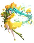  1girl absurdres ahoge alternate_costume aqua_hair bangs blue_eyes blue_hair clothing_cutout commentary dress english_commentary flower full_body hair_between_eyes hair_flower hair_ornament hands_up hatsune_miku heart heart_cutout highres leaf lizchief long_hair looking_at_viewer open_mouth orange_flower oversized_flower shoes short_sleeves simple_background solo teeth tongue tulip twintails unfinished very_long_hair vocaloid white_background yellow_dress yellow_flower yellow_footwear 