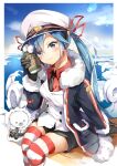  1girl 1other animal badge binoculars black_coat black_gloves black_necktie black_shorts blue_eyes blue_hair blush border clouds coat coffee_cup colored_tips commentary crab_print cup day disposable_cup fur-trimmed_coat fur-trimmed_hood fur_trim fuwashima gloves hair_ribbon hat hatsune_miku head_tilt heart heart_in_eye highres holding holding_cup hood hood_up ice_floe jacket lens_flare long_hair looking_at_viewer military military_uniform multicolored_hair naval_uniform necktie ocean outdoors peaked_cap pocket rabbit rabbit_yukine red_ribbon red_shirt red_thighhighs ribbon shirt short_shorts shorts sitting smile snowflake_print striped striped_thighhighs symbol_in_eye thigh-highs uniform very_long_hair vocaloid wavy_hair white_border white_hair white_headwear white_jacket yuki_miku yuki_miku_(2022) 