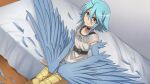  1girl ahoge artist_request bed bird_legs black_bow black_choker blue_feathers blue_hair blue_wings blush bow choker dress feathered_wings feathers game_cg hair_between_eyes harpy indoors medium_hair monster_girl monster_musume_no_iru_nichijou monster_musume_no_iru_nichijou_online nervous official_alternate_costume official_art on_bed papi_(monster_musume) scales sidelocks sitting solo white_dress winged_arms wings yellow_eyes 