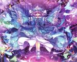  1girl absurdres bug butterfly capura_lin commentary_request goshoguruma hat hexagon highres japanese_clothes outstretched_arms photoshop_(medium) pink_hair red_eyes saigyouji_yuyuko saigyouji_yuyuko&#039;s_fan_design shippou_(pattern) short_hair solo spread_arms touhou 