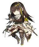  1girl arm_up assault_rifle bangs black_scarf blush boots brown_eyes brown_hair brown_sweater_vest chibi clothes_around_waist english_commentary full_body girls_frontline gloves gorilla_fei grey_footwear grey_gloves griffin_&amp;_kryuger gun holding holding_gun holding_weapon jacket jacket_around_waist long_hair looking_at_viewer m4_carbine m4a1_(girls&#039;_frontline) multicolored_hair open_mouth print_scarf rifle scarf solo streaked_hair sweater_vest thigh-highs weapon white_background white_headwear 