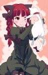  1girl akihikohex animal animal_ears bow braid cat cat_ears cat_tail dress extra_ears green_dress hair_bow holding holding_animal holding_cat kaenbyou_rin looking_at_animal multiple_tails red_eyes redhead smile solo tail touhou twin_braids 
