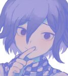  1boy bangs checkered_clothes checkered_scarf closed_mouth danganronpa_(series) danganronpa_v3:_killing_harmony hair_between_eyes hand_up highres index_finger_raised looking_at_viewer male_focus ototoi_(robosabe) ouma_kokichi portrait scarf short_hair simple_background solo violet_eyes white_background 