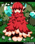  1girl animal_ears artist_name bangs bird_ears commentary_request covering_mouth feathered_wings feathers flower forest harpy kneeling letterboxed medium_hair monster_girl nature original pixel25251 pixel_art plant red_eyes red_feathers red_wings redhead sidelocks solo tree vines white_flower winged_arms wings 