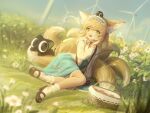  1girl :d animal_ear_fluff animal_ears arknights bag bangs basket black_cat black_footwear blonde_hair blue_hairband blue_skirt blue_sky cat clouds commentary_request crossover day flower fox_ears fox_girl fox_tail frilled_hairband frilled_socks frills grass green_eyes hairband hand_up heixiu jacket kitsune long_sleeves looking_at_viewer luoxiaohei neck_ribbon on_grass on_head outdoors puffy_long_sleeves puffy_sleeves red_ribbon ribbon sarena shirt shoes shoulder_bag skirt sky smile socks suzuran_(arknights) suzuran_(spring_praise)_(arknights) tail teeth the_legend_of_luo_xiaohei upper_teeth white_flower white_jacket white_shirt white_socks wind_turbine 