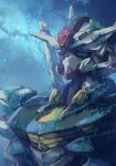  absurdres clouds english_commentary green_eyes gundam gundam_aerial gundam_suisei_no_majo highres innoarukugyou mecha mobile_suit moss night night_sky no_humans overgrown portrait robot science_fiction sky solo v-fin 