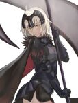  1girl absurdres ahoge armor armored_dress bangs breasts cloak eyebrows_hidden_by_hair fate/grand_order fate_(series) flag grey_hair headpiece highres holding holding_flag jeanne_d&#039;arc_alter_(avenger)_(fate) jeanne_d&#039;arc_alter_(fate) looking_at_viewer short_hair simple_background skirt smile solo taruto_(takug0812) white_background yellow_eyes 