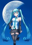  1girl absurdres amaama_(beccyonaika1) aqua_eyes aqua_hair aqua_necktie bangs bare_shoulders black_footwear black_skirt black_sleeves closed_mouth collared_shirt commentary detached_sleeves gibbous_moon hair_between_eyes hair_ornament hand_on_hip hatsune_miku highres leg_up long_hair looking_at_viewer moon necktie number_tattoo shirt skirt sky sleeveless sleeveless_shirt sleeves_past_wrists solo standing standing_on_one_leg tareme tattoo thigh-highs twintails vocaloid white_shirt zettai_ryouiki 