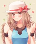  1girl alternate_hairstyle blue_shirt blush bow brown_eyes brown_hair closed_mouth commentary_request eyelashes hands_up hat hat_bow leaf_(pokemon) long_hair looking_at_viewer pokemon pokemon_(game) pokemon_frlg red_bow scbstella shirt sleeveless sleeveless_shirt smile solo upper_body white_headwear wristband 