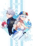 1boy 1girl absurdres ahoge anastasia_(fate) anastasia_(swimsuit_archer)_(fate) anastasia_(swimsuit_archer)_(second_ascension)_(fate) black_eyes blue_eyes braid breasts dress fate/grand_order fate_(series) food grey_hair head_wreath highres james_moriarty_(archer)_(fate) james_moriarty_(gray_collar)_(fate) james_moriarty_(ruler)_(fate) licking_lips lightning_ahoge long_hair medium_breasts necktie shaved_ice smile spoon sundress tia_(cocorosso) tongue tongue_out twin_braids twintails vest
