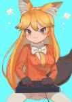  1girl :i angry animal_ears blush brown_fur brown_gloves commentary_request controller cowboy_shot ezo_red_fox_(kemono_friends) fox_ears fox_girl fox_tail fur_trim game_controller gloves head_steam highres jacket kemono_friends long_hair long_sleeves orange_eyes orange_hair orange_jacket osnmykk pleated_skirt skirt solo tail thigh-highs white_skirt white_thighhighs zettai_ryouiki 