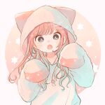  1girl :o absurdres animal_hood blue_eyes blush collarbone commentary drawstring fang highres hood hoodie long_hair looking_at_viewer lupinus4869 open_mouth orange_hair original red_background signature sleeves_past_fingers sleeves_past_wrists solo upper_body white_background white_hoodie 