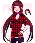  1girl alternate_costume bangs black_hair black_shirt collarbone commission danganronpa_(series) danganronpa_v3:_killing_harmony english_commentary hair_ornament hairclip harukawa_maki heart highres huyandere long_hair looking_at_viewer low_twintails mole mole_under_eye pants red_eyes red_scrunchie red_shirt scrunchie shirt simple_background sleeves_rolled_up solo twintails two-tone_shirt very_long_hair 
