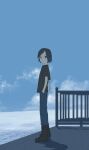  1boy absurdres asagiri_kogen bangs black_footwear black_hair black_shirt blurry boots calem_(pokemon) closed_mouth clouds commentary day fence from_side full_body grey_eyes hand_in_pocket highres looking_at_viewer male_focus outdoors pants pokemon pokemon_(game) pokemon_xy shirt short_hair short_sleeves sky solo standing t-shirt 