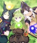  1girl 2boys animal_ear_fluff animal_ears bangs bright_pupils collei_(genshin_impact) commentary_request crossed_bangs cyno_(genshin_impact) fox_ears genshin_impact green_eyes green_hair hair_between_eyes hair_over_one_eye highres multicolored_hair multiple_boys nneiro red_eyes seelie_(genshin_impact) sidelocks smile streaked_hair tighnari_(genshin_impact) violet_eyes white_hair white_pupils 