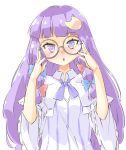  1girl arnest bespectacled blush crescent crescent_hair_ornament dress frilled_sleeves frills glasses glasses_day hair_ornament highres long_hair long_sleeves parted_lips patchouli_knowledge purple_hair round_eyewear shirt simple_background solo striped striped_dress touhou upper_body vertical-striped_dress vertical_stripes violet_eyes white_background white_shirt wide_sleeves 