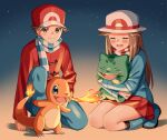  1boy 1girl adapted_costume blue_footwear blush boots breathing_fire brown_hair bulbasaur charmander claws closed_eyes closed_mouth commentary_request fire happy hat holding holding_pokemon jacket leaf_(pokemon) long_sleeves open_mouth pants pleated_skirt pokemon pokemon_(creature) pokemon_(game) pokemon_frlg red_(pokemon) red_headwear red_skirt scarf scbstella short_hair skirt smile socks striped striped_scarf white_headwear winter_clothes 