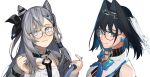 2girls bangs bespectacled blue_eyes blue_hair bow bow_earrings cone_hair_bun earrings eus_ing glasses grey_hair hair_bun hair_intakes highres hololive hololive_english hololive_indonesia jewelry long_hair multicolored_hair multiple_girls ouro_kronii short_hair vestia_zeta virtual_youtuber 