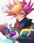  1boy absurdres ai_(yu-gi-oh!) blonde_hair blurry bodysuit card closed_mouth commentary_request copyright_name dated deck_of_cards depth_of_field duel_disk fujiki_yuusaku green_eyes hand_on_hip highres index_finger_raised looking_at_viewer male_focus multicolored_hair playmaker purple_hair redhead serious simple_background spiky_hair translation_request turtleneck twitter_username upper_body white_background yu-gi-oh! yu-gi-oh!_vrains zero-go 