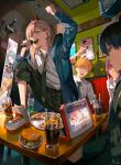  2boys 2girls absurdres arm_up artist_name black_hair black_pants blonde_hair burger chainsaw_man collared_shirt commentary cup denji_(chainsaw_man) dress_shirt drinking_straw food hair_over_one_eye hand_up hayakawa_aki highres holding holding_microphone horns indoors jacket karaoke knee_up kyuuba_melo lyrics makima_(chainsaw_man) microphone morning_musume multiple_boys multiple_girls necktie on_table open_clothes open_jacket open_mouth pants pizza plate pochita_(chainsaw_man) power_(chainsaw_man) profile redhead sharp_teeth shirt shoes sitting sneakers standing symbol-only_commentary table teeth white_footwear white_shirt 