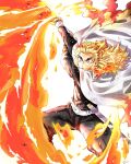  1boy awarinko bangs belt belt_buckle black_jacket blonde_hair buckle buttons cape colored_tips commentary_request demon_slayer_uniform fire flame flame_print flaming_sword flaming_weapon forehead forked_eyebrows gradient gradient_hair highres holding holding_sword holding_weapon jacket katana kimetsu_no_yaiba long_hair long_sleeves looking_at_viewer male_focus mismatched_eyebrows multicolored_hair orange_eyes ponytail redhead rengoku_kyoujurou serious sidelocks solo sword thick_eyebrows two-tone_hair v-shaped_eyebrows weapon white_background white_belt white_cape 
