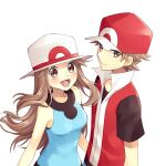  1boy 1girl :d bare_arms blue_shirt brown_eyes brown_hair closed_mouth commentary_request eyelashes hat jacket leaf_(pokemon) long_hair lower_teeth open_mouth pokemon pokemon_(game) pokemon_frlg popped_collar red_(pokemon) red_headwear red_jacket scbstella shirt short_hair short_sleeves simple_background sleeveless sleeveless_jacket sleeveless_shirt smile t-shirt teeth tongue upper_body white_background white_headwear 