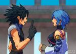  1boy 1girl aqua_(kingdom_hearts) armor bangs bare_shoulders belt black_gloves black_hair blue_hair blue_shirt breasts chest_strap colosseum dated detached_sleeves fingerless_gloves gloves grey_gloves hair_between_eyes hair_slicked_back halterneck kingdom_hearts kingdom_hearts_birth_by_sleep looking_at_another medium_breasts medium_hair open_mouth parted_bangs pointing profile shirt shoulder_armor skyloop19 sleeveless sleeveless_turtleneck smile spiky_hair sweatdrop teeth turtleneck twitter_username upper_body upper_teeth wide-eyed zack_fair 