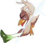  animal_focus bird blurry brown_eyes farfetch&#039;d looking_at_viewer morio_(poke_orio) no_humans open_mouth pokemon pokemon_(creature) simple_background solo white_background 