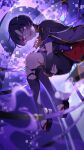  1boy black_shorts blue_footwear blue_hair blurry blurry_foreground capelet commentary_request full_body genshin_impact glowing glowing_eyes highres hugging_own_legs japanese_clothes kneehighs knees_up looking_at_viewer male_focus open_mouth pale_skin purple_background purple_capelet purple_shirt scaramouche_(genshin_impact) shirt short_hair shorts simple_background smile socks solo tabi teeth upper_teeth user_vjct3455 violet_eyes white_socks zouri 