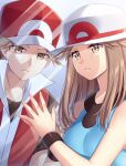  1boy 1girl blue_shirt breasts brown_eyes brown_hair closed_mouth commentary_request crying eyelashes hair_flaps hand_up hat jacket leaf_(pokemon) long_hair parted_lips pokemon pokemon_(game) pokemon_frlg red_(pokemon) red_headwear scbstella shirt short_hair sleeveless sleeveless_shirt tears upper_body white_headwear wristband 