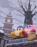  bag bandana_waddle_dee bare_tree brown_bag building clock clouds cloudy_sky eating food highres holding holding_food icicle kirby kirby_(series) miclot no_humans outdoors paper_bag scenery sitting sky snow tree waddle_dee 