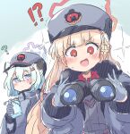 !? +_+ 2girls :d animal_ears binoculars black_shirt blonde_hair blue_archive blue_eyes blue_hair blush braid closed_mouth collared_shirt commentary_request ear_piercing gloves grey_gloves grey_headwear grey_jacket guriin halo hat heavy_breathing highres hip_flask holding jacket multiple_girls nodoka_(blue_archive) open_clothes open_jacket peaked_cap piercing pink_eyes red_eyes shigure_(blue_archive) shirt smile sweat trembling v-shaped_eyebrows 