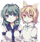  2girls ahoge animal_ear_fluff animal_ears bangs bare_shoulders blonde_hair blue_eyes bow bowtie breasts collared_shirt detached_sleeves fox_ears frills frog_hair_ornament green_bow green_bowtie green_hair grey_romper hair_between_eyes hair_ornament hair_tubes highres kochiya_sanae kudamaki_tsukasa long_sleeves looking_at_another looking_to_the_side medium_breasts medium_hair multiple_girls open_mouth puffy_short_sleeves puffy_sleeves romper sato_imo shirt short_hair short_sleeves simple_background snake_hair_ornament sweat sweatdrop touhou translation_request upper_body white_background white_shirt wide_sleeves yellow_eyes 
