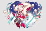  1girl antenna_hair blonde_hair blue_eyes boots bow bowtie braid breasts christmas elf gloves hat holly kuze_(ira) open_mouth original outstretched_arms pointy_ears red_gloves red_headwear santa_hat small_breasts snowman solo_focus star_ornament starry_background teeth thigh-highs upper_teeth 