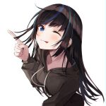  1girl bangs black_hair blue_eyes blue_hair breasts eyebrows_hidden_by_hair highres hood hoodie long_hair looking_at_viewer multicolored_hair one_eye_closed original sihana156 simple_background smile solo tongue tongue_out white_background 