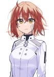  1girl ahoge bandage_on_face bandages bangs breasts chaldea_uniform closed_mouth commentary_request dot_nose fate/grand_order fate_(series) fujimaru_ritsuka_(female) hair_between_eyes highres looking_at_viewer medium_hair orange_hair rizu033 simple_background solo upper_body yellow_eyes 