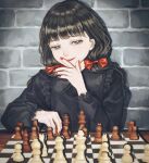  1girl bad_id bad_twitter_id bangs bishop_(chess) black_hair black_shirt board_game bow chess chess_piece chessboard frilled_shirt frilled_shirt_collar frilled_sleeves frills hair_bow hand_up king_(chess) knight_(chess) long_hair long_sleeves original parted_lips pawn_(chess) queen_(chess) red_bow red_nails rook_(chess) shirt smile solo utsuwa0120 