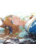  1girl animal_ears bangs blue_eyes blue_jacket grass_wonder_(umamusume) highres horse_ears jacket lips long_hair looking_at_viewer looking_to_the_side lying on_back otimusyairoha parted_lips solo umamusume upper_body water 