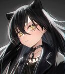  1girl animal_ears arknights bangs black_choker black_hair black_jacket cat_ears choker closed_mouth dagda_(arknights) ear_piercing extra_ears grey_background hair_between_eyes highres jacket long_hair looking_at_viewer mole mole_under_eye open_clothes open_jacket piercing raw_egg_lent simple_background solo upper_body v-shaped_eyebrows yellow_eyes 