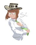  1girl artist_name black_and_white_hat brown_hair colombian_clothes glasses green_eyes green_necktie green_neckwear hat hemila highres long_sleeves looking_to_the_side necktie original radragrad shirt short_hair simple_background sombrero spanish_text torso_only tying_tie white_background white_shirt yes 
