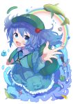  1girl :d ahase_hino arm_up backpack bag bangs blue_eyes blue_hair blue_skirt blush bolt boots buckle collar fish frilled_collar frills frog full_body green_bag hair_bobbles hair_ornament hammer hat highres kawashiro_nitori key looking_at_viewer open_mouth pliers pouch puffy_short_sleeves puffy_sleeves rainbow short_hair short_sleeves simple_background skirt smile solo touhou twintails two_side_up water white_background 