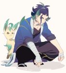  1boy adaman_(pokemon) arm_wrap bangs blue_coat closed_mouth coat collar collarbone commentary_request eyebrow_cut green_hair hand_wraps leafeon male_focus multicolored_hair pokemon pokemon_(creature) pokemon_(game) pokemon_legends:_arceus ponytail smile squatting twitter_username white_background y_(036_yng) 