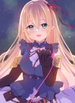  1girl :d arisa_(shadowverse) bangs bare_shoulders black_gloves blonde_hair blue_shirt blush breasts elbow_gloves gloves green_eyes gucchiann hair_between_eyes hair_ribbon hand_up highres long_hair looking_at_viewer medium_breasts pinky_out pointy_ears princess_connect! red_ribbon ribbon shadowverse shirt skirt sleeveless sleeveless_shirt smile solo string string_around_finger string_of_fate very_long_hair white_skirt 