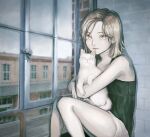  1girl animal bad_id bad_twitter_id black_camisole blonde_hair blue_sky brick_wall building camisole cat feet_out_of_frame holding holding_animal holding_cat indoors knees_up looking_at_viewer medium_hair original shorts sky solo utsuwa0120 white_cat white_shorts window yellow_eyes 