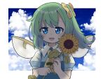  1girl :d ascot bangs blue_eyes blue_sky clouds collared_shirt daiyousei fairy_wings flower green_hair holding holding_flower looking_at_viewer open_mouth outdoors outside_border shirt short_hair short_sleeves side_ponytail sky smile solo sunflower touhou upper_body wings yamase yellow_ascot 