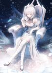  1girl absurdres bare_shoulders breasts bronya_zaychik caisena chair closed_eyes cup elbow_gloves full_body gloves grey_hair hair_between_eyes highres holding holding_cup honkai_(series) honkai_impact_3rd long_hair medium_breasts sitting solo thigh-highs white_gloves white_thighhighs 