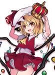  1girl :d ascot blonde_hair cowboy_shot crown crystal flandre_scarlet hands_on_headwear hat hat_ribbon highres looking_at_viewer mob_cap one_side_up open_mouth red_eyes red_ribbon red_skirt red_vest ribbon shen_li shirt short_sleeves simple_background skirt smile solo standing touhou vest white_background white_headwear white_shirt wings yellow_ascot 
